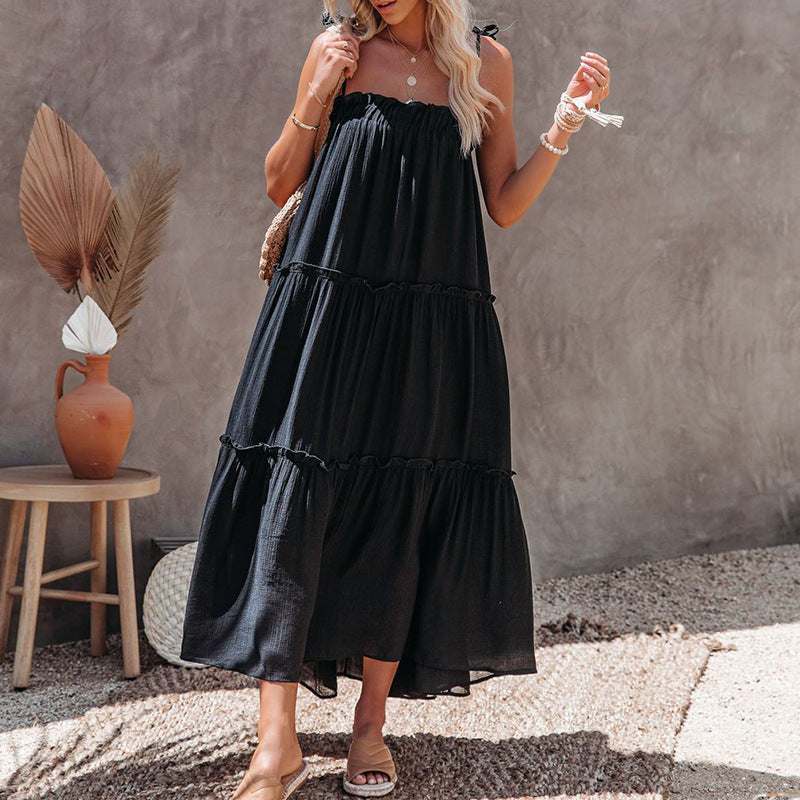 Tie Strap Ruffle Neck Tiered Maxi Dress