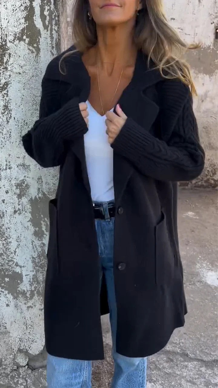 Lapel Cable-Knit Sleeves Long Knitted Coat for Cozy Elegance