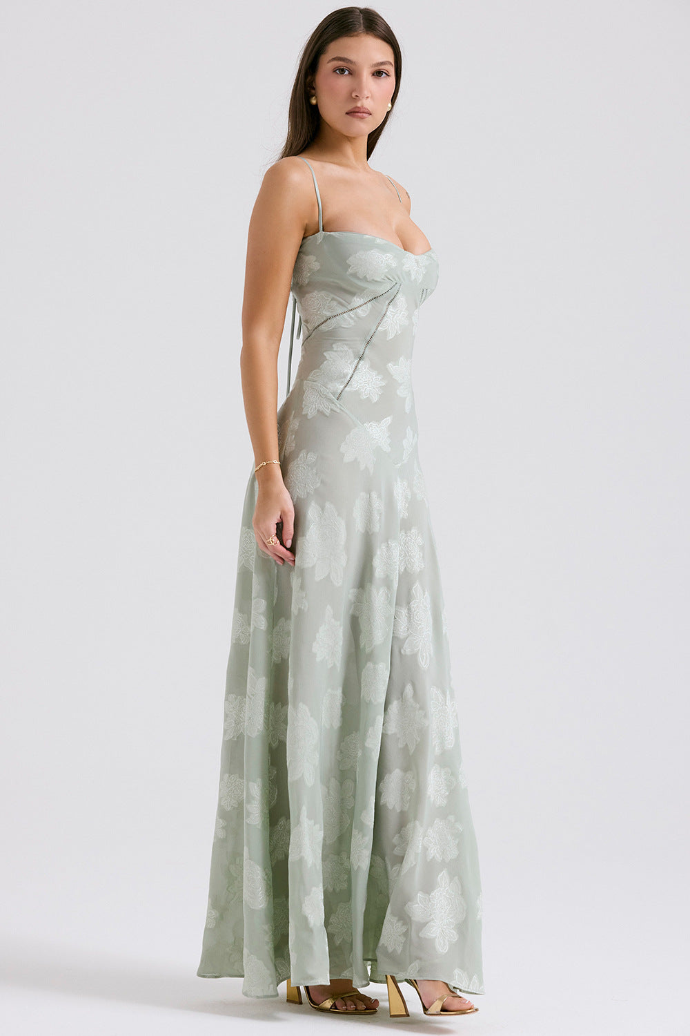 Floral Jacquard Cowl Neck Lace Up Slip Maxi Dress 13