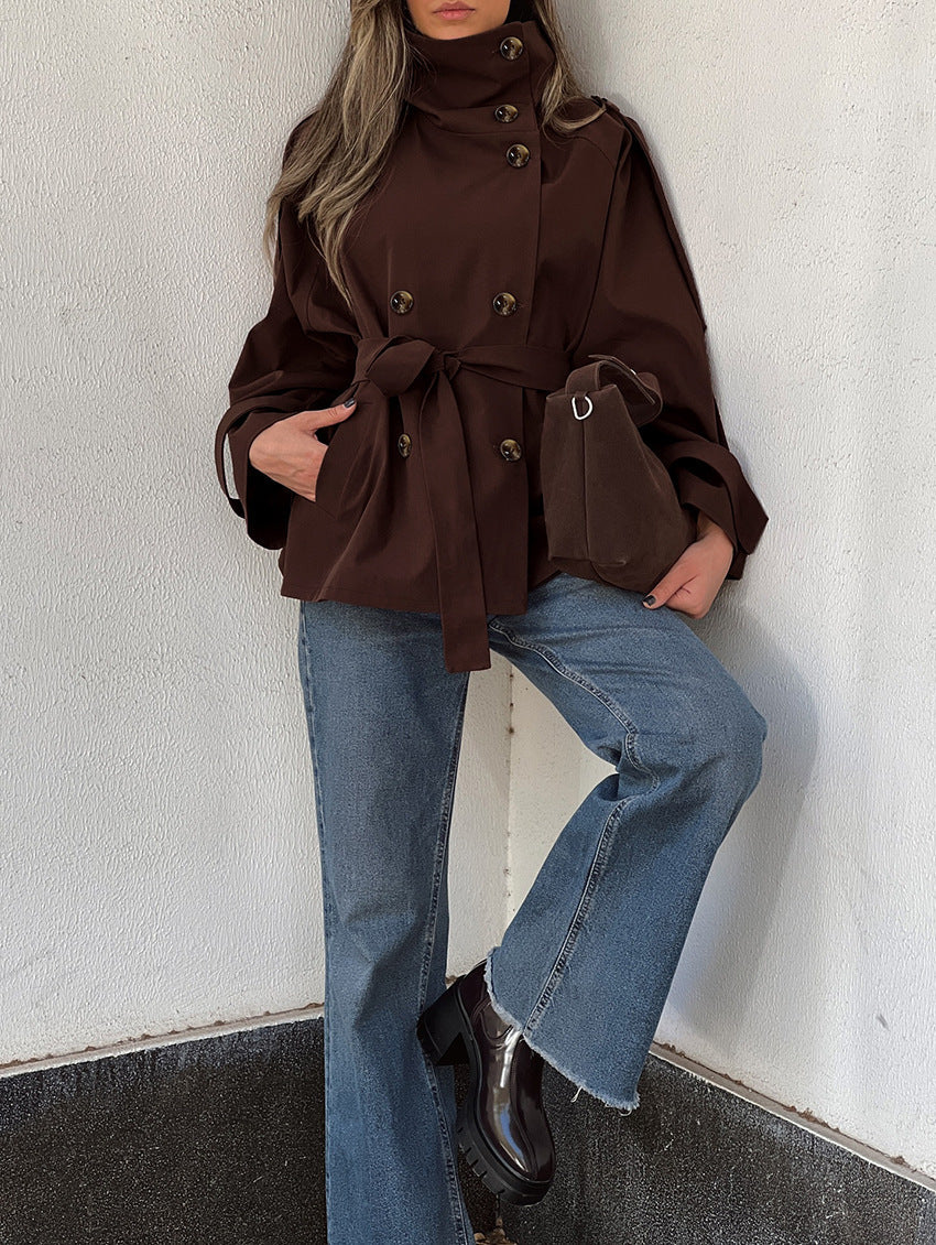 Turtleneck Double Breasted Waist Tie Coat