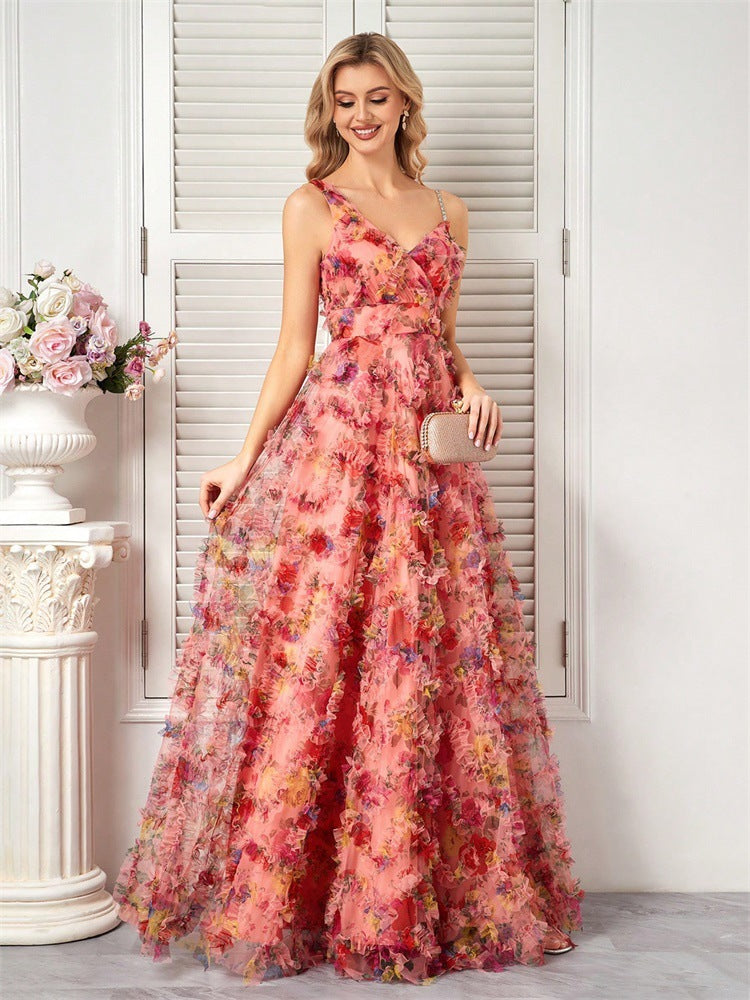V neck Strap Floral Elegant Prom Evening Dress Party Dress - Fashionpara