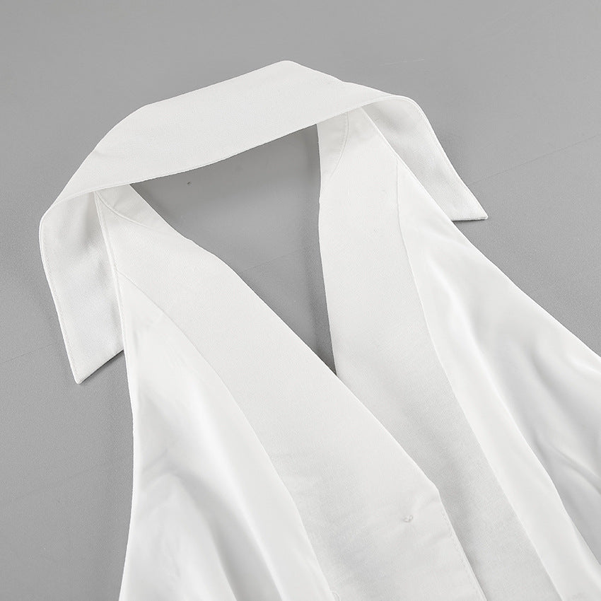 Linen Notch-Lapel Halter Button-Front Mini Dress 9
