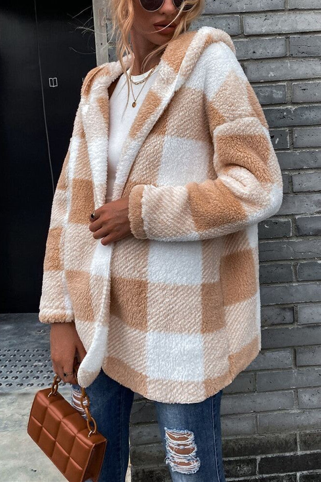 Double-Sided Hooded Plaid Cardigan Jacket for Cozy Style