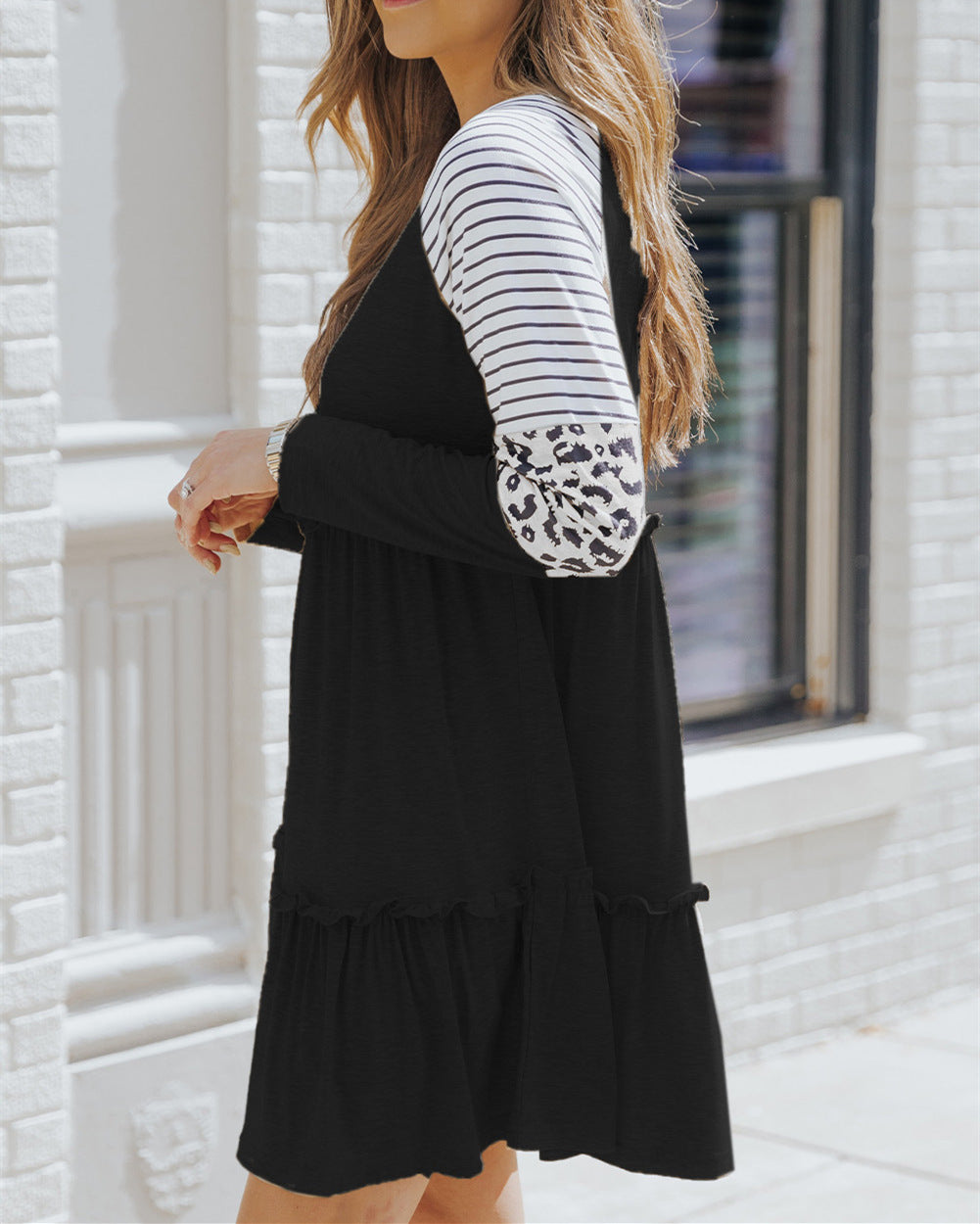 Leopard print striped high waist A-line dress Fashionpara