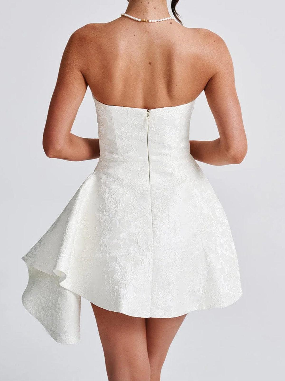 Floral Jacquard Strapless Ruched Asymmetric Drape Mini Dress 7