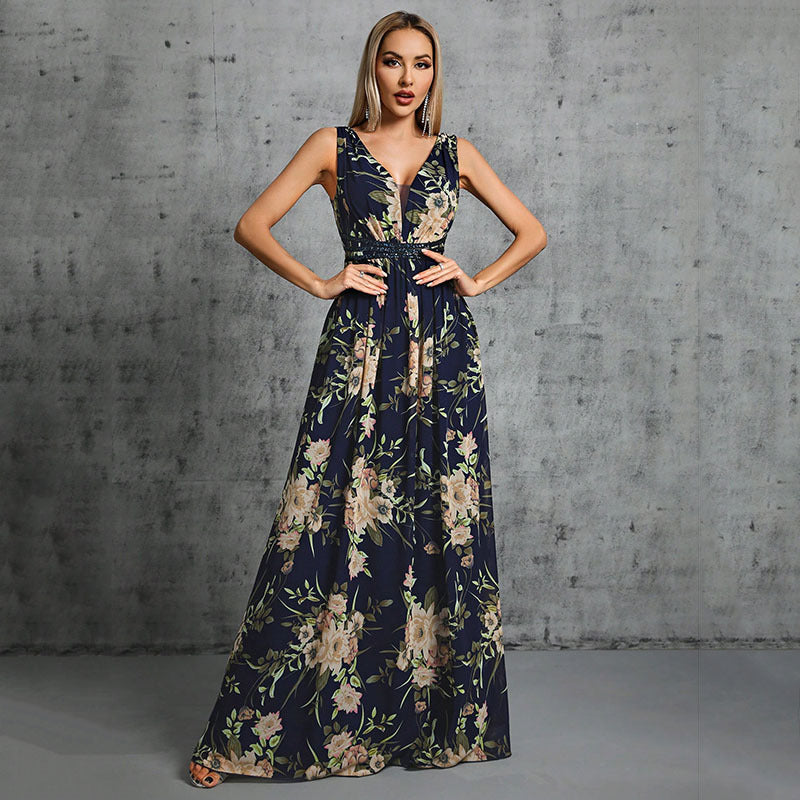 Floral V-Neck Sleeveless Beaded Waist A-Line Chiffon Maxi Dress