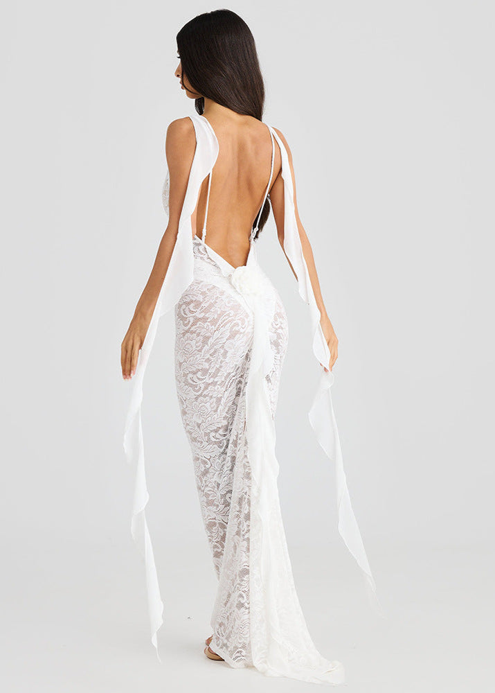 Celestine Sheer Lace Backless Maxi Dress - View 4