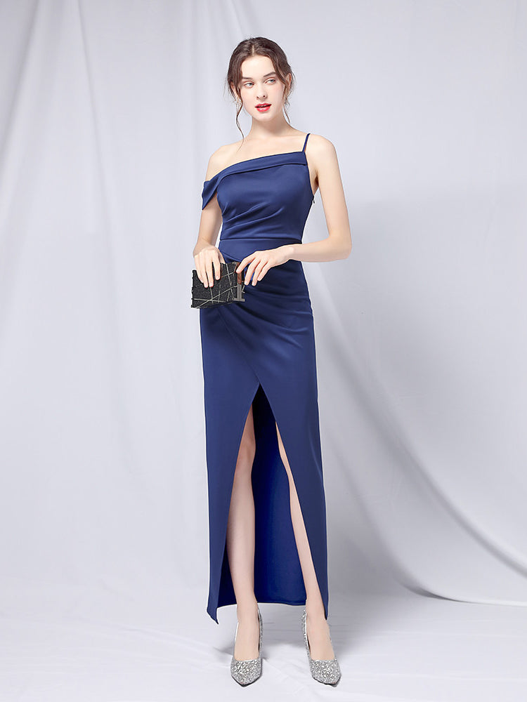 Satin One-Shoulder Ruched High-Slit Maxi Dress 9