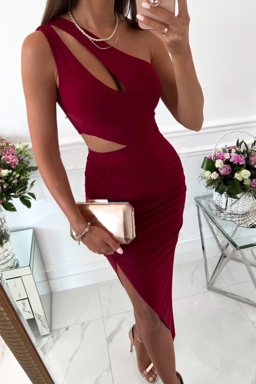 One Shoulder Cutout Ruched Bodycon Midi Dress