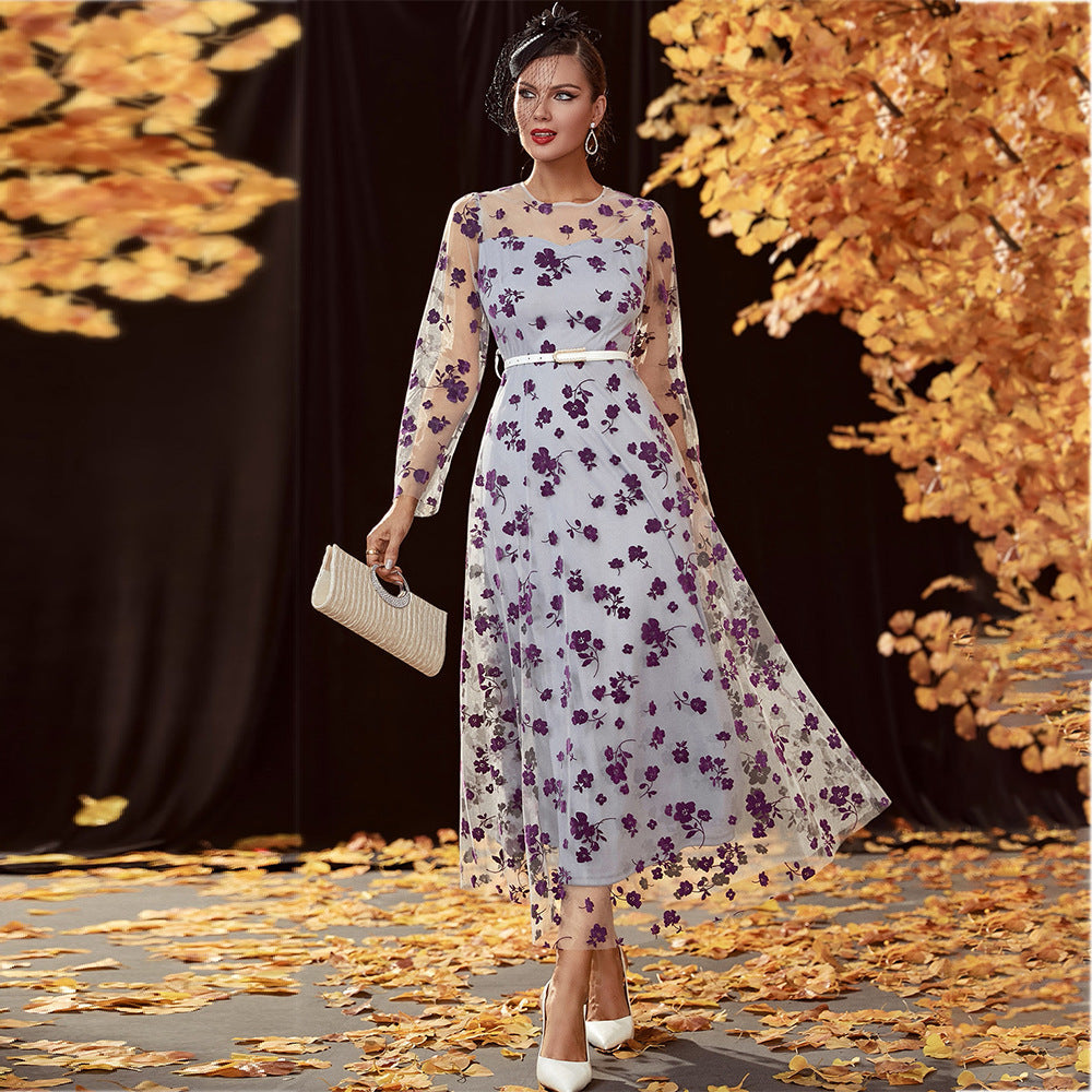 Lace Dress Round Neck Long Sleeve High Waist Swing Dress Maxi Dress - View 2
