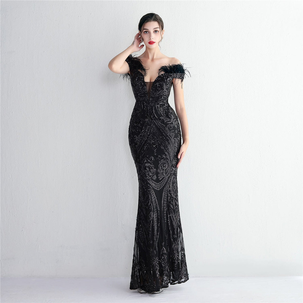 Off Shoulder Feather Deep V-Neck Sequin Mermaid Gown - View 9