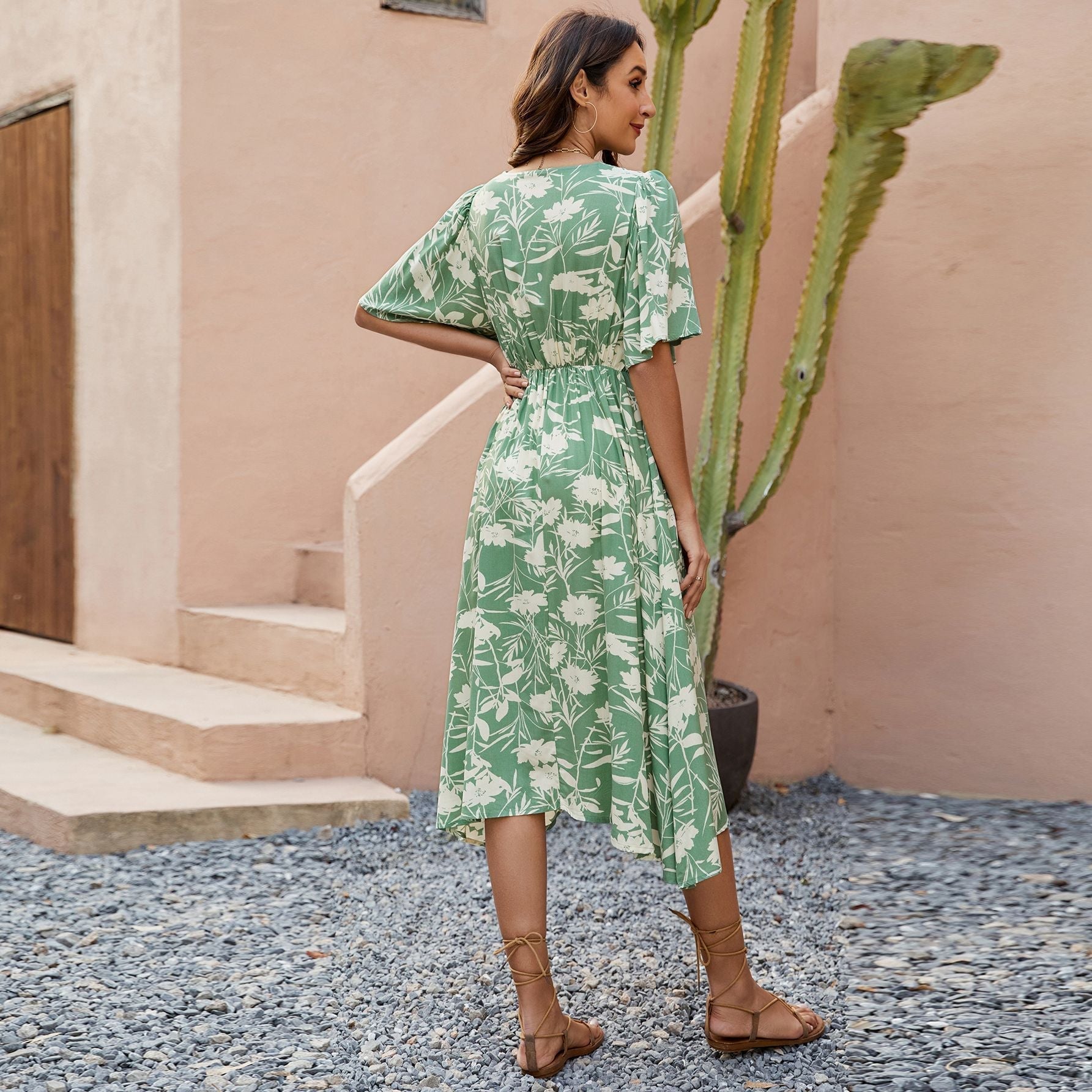 Printed V neck Short Sleeve Waist Controlled Dress Bohemian Holiday Party Beach Dress - Fashionpara