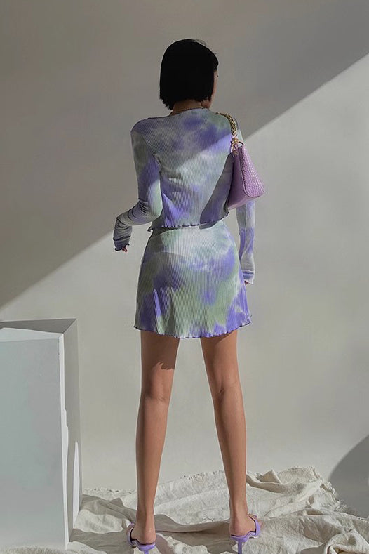 Allover Print Crop Shirt and Sleeveless Bodycon Dress Two Piece Set