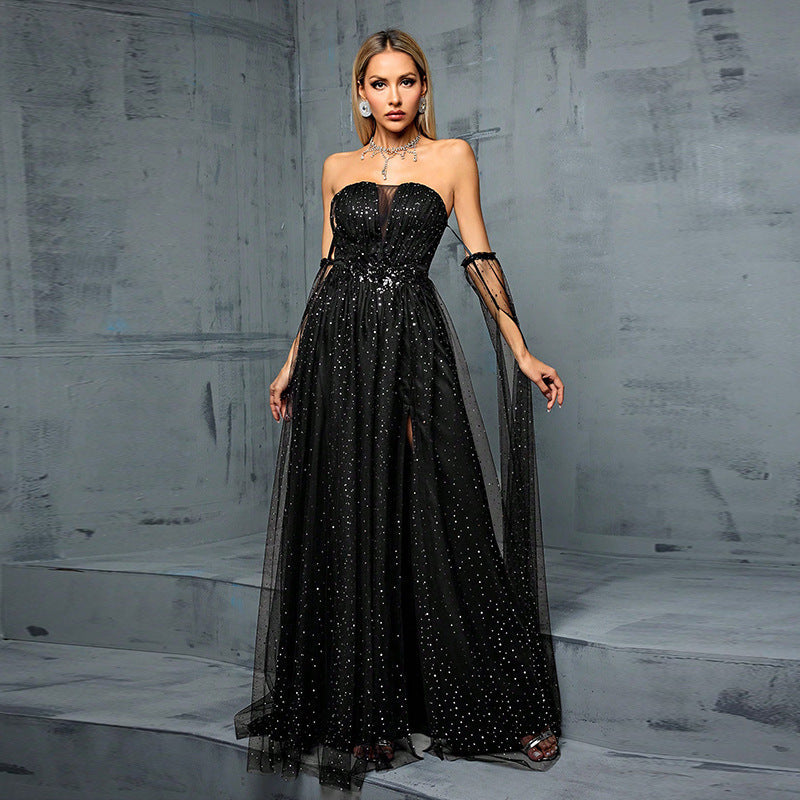Sequin Strapless Sweetheart Tulle High Split A-Line Maxi Gown