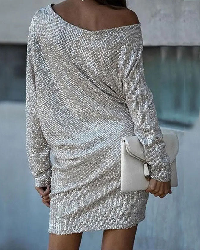 Party Wear V Neck Long Sleeve Contrast Sequin Dress Fashionpara