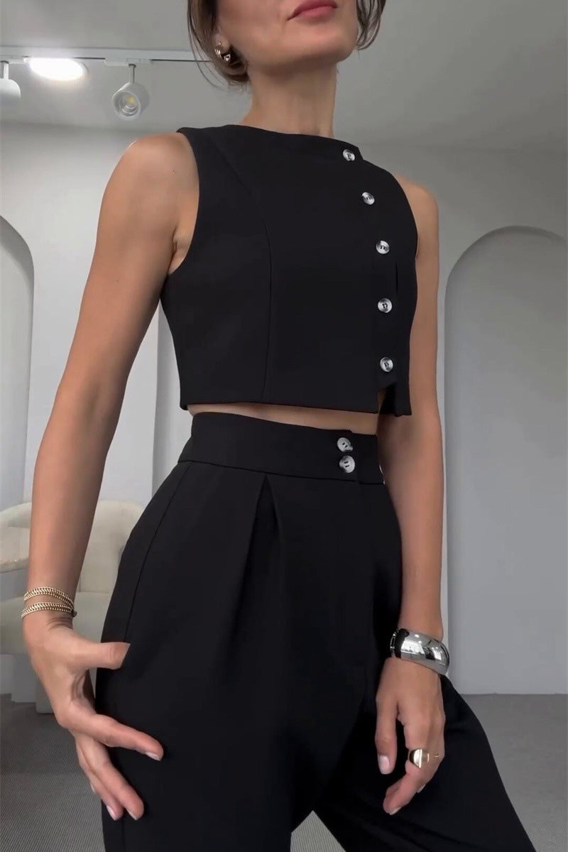 Chic Sleeveless Button-Down Coat with High-Waisted Pants Set