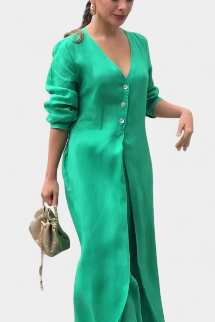 V-Neck Button Front Longline Top and Wide Leg Pants Two Piece Set 7