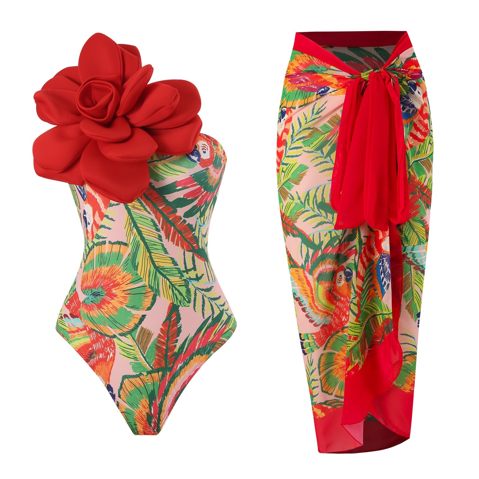 One Piece Swimsuit Women Skinny Slimming Big Floral Swimsuit Outfit Chiffon Dress - Fashionpara