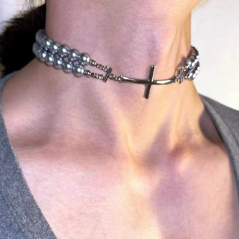 Double Layer Pearl Choker High-End Sweet Cool Necklace Grey Halloween