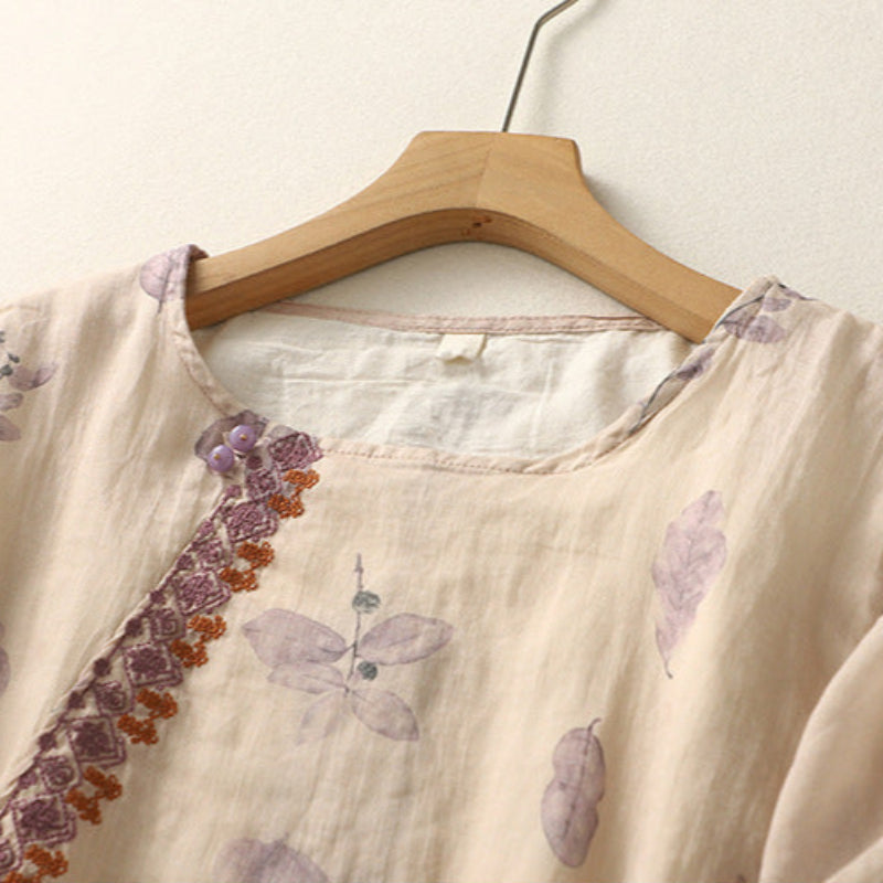 Floral Round Neck Button Placket Blouse 4