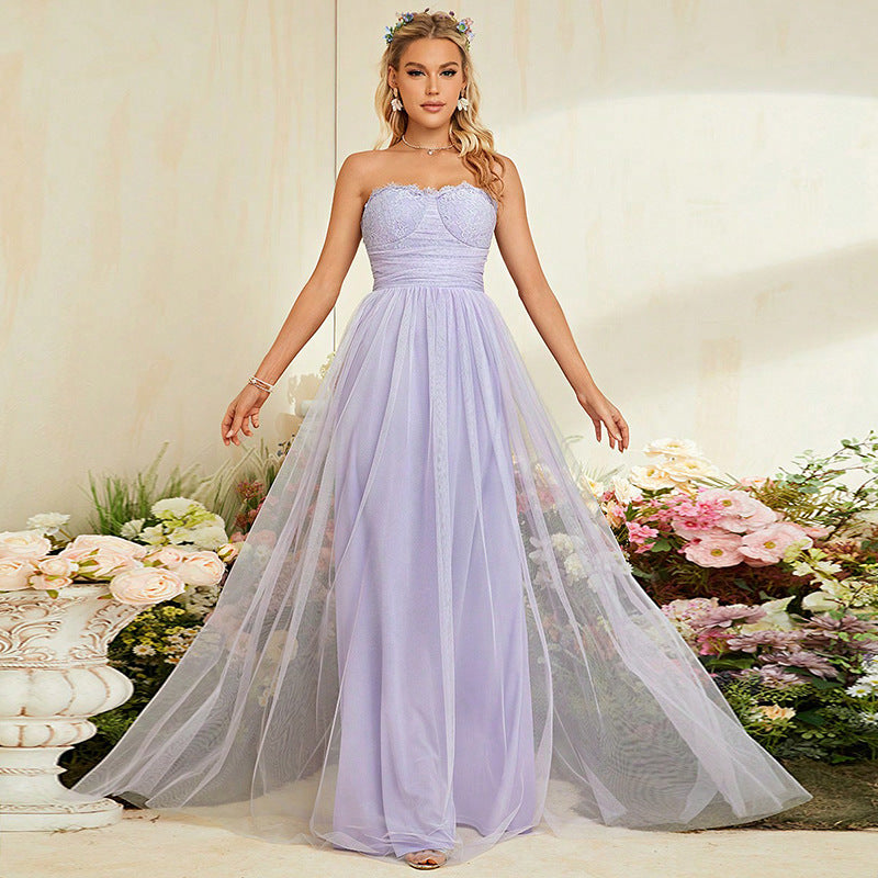 Strapless Sweetheart Lace Bodice Tulle A-Line Maxi Dress