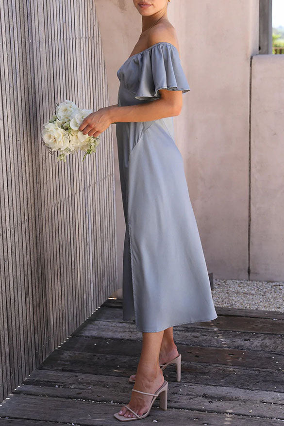 Solid Satin Barrel Neck Strapless Pleated Dress - Fashionpara