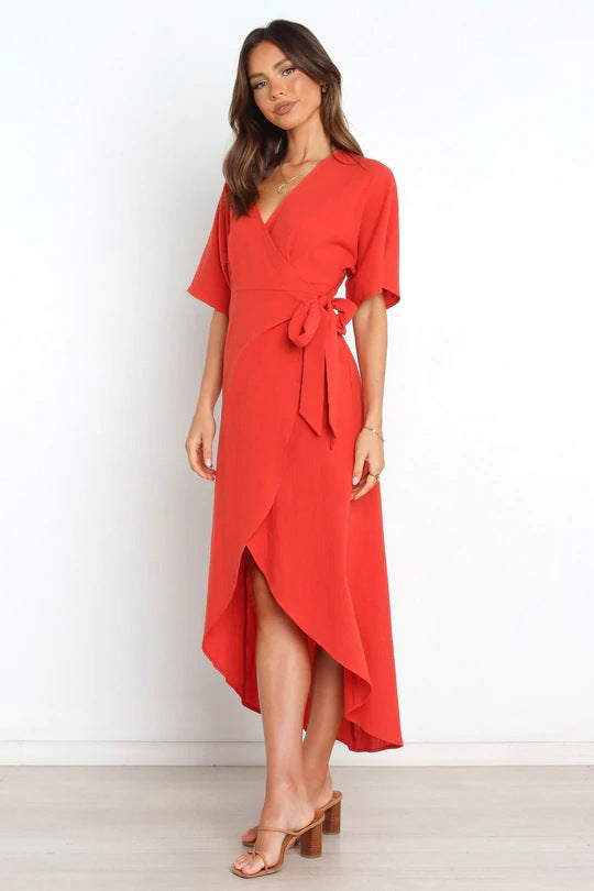 Wrap V-Neck Kimono Sleeve High-Low Midi Dress