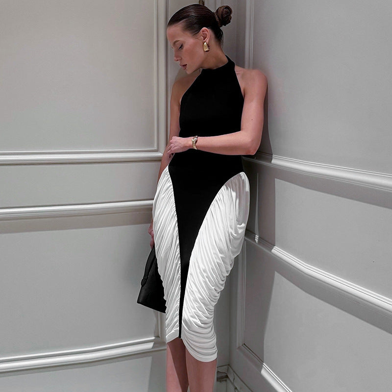 Halter Neck Ruched Draped Asymmetric Bodycon Midi Dress