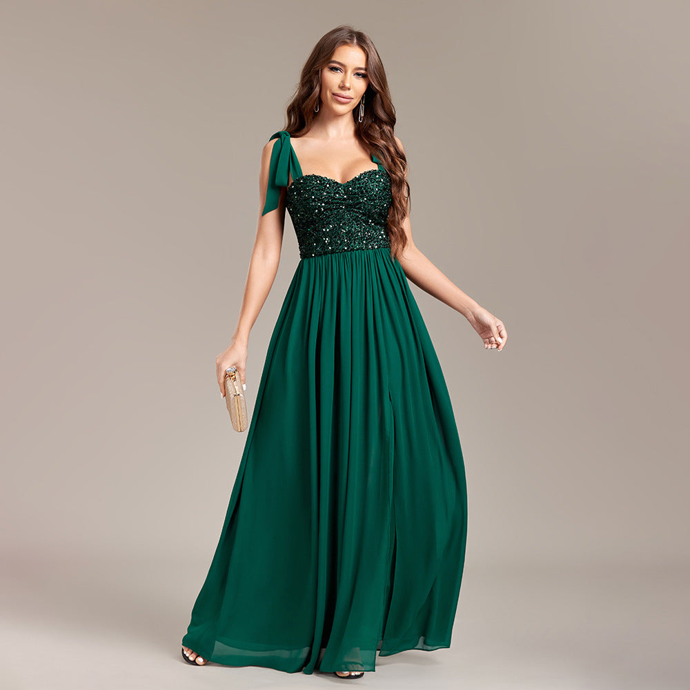 Sequin Sweetheart Tie Strap High Split A-Line Chiffon Maxi Dress - View 3