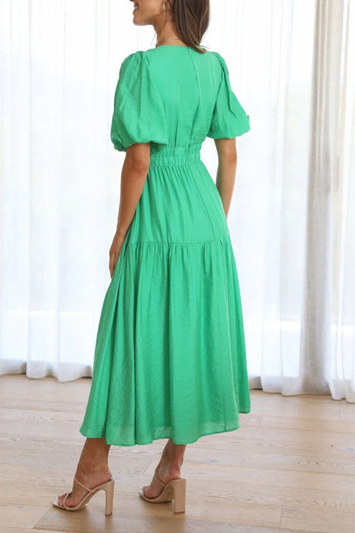 Lantern Sleeve V-neck Cinched Waist Midi Dress