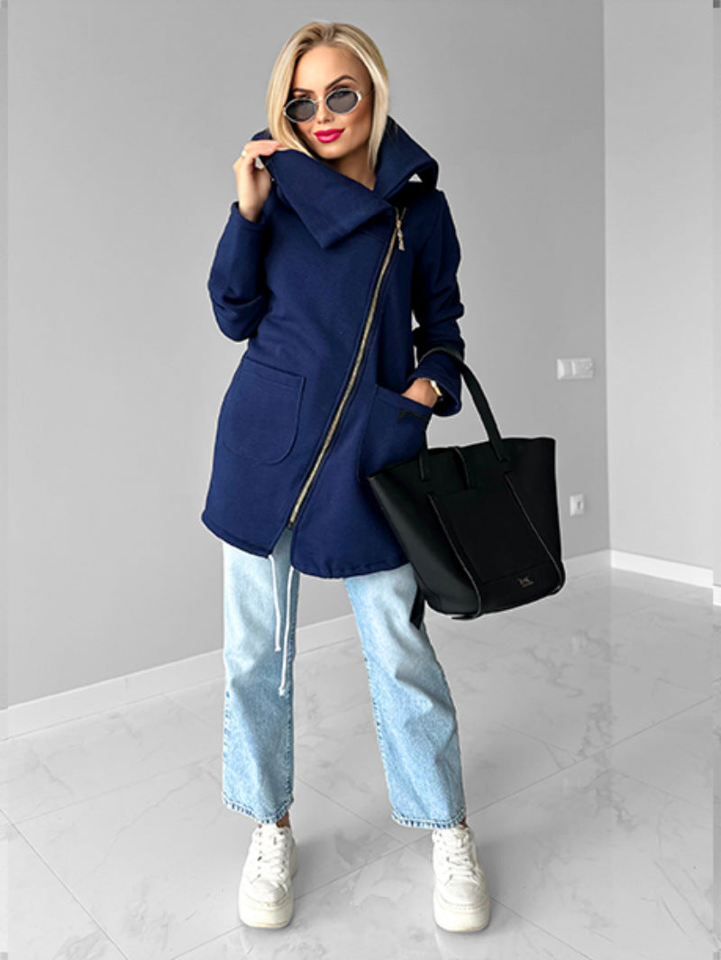 Lapel Mid-Length Fleece Jacket with Oblique Zipper Design