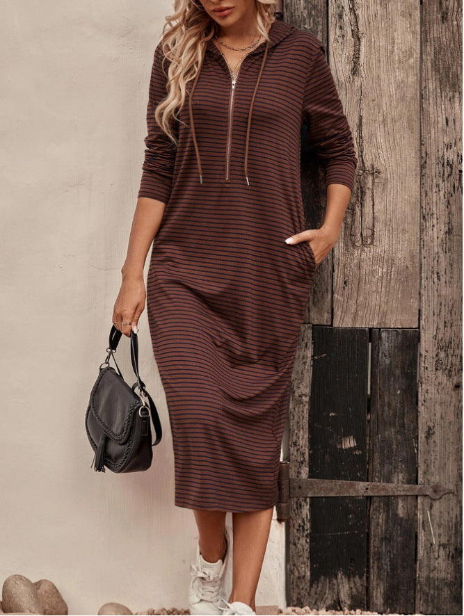 Striped hooded slim long sleeve dress