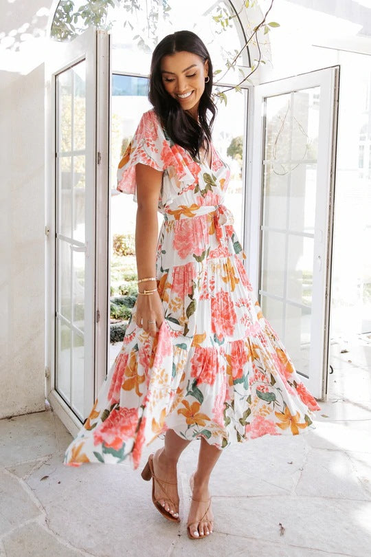 Floral Print V-Neck Flutter Sleeve Tiered Midi Dress 6
