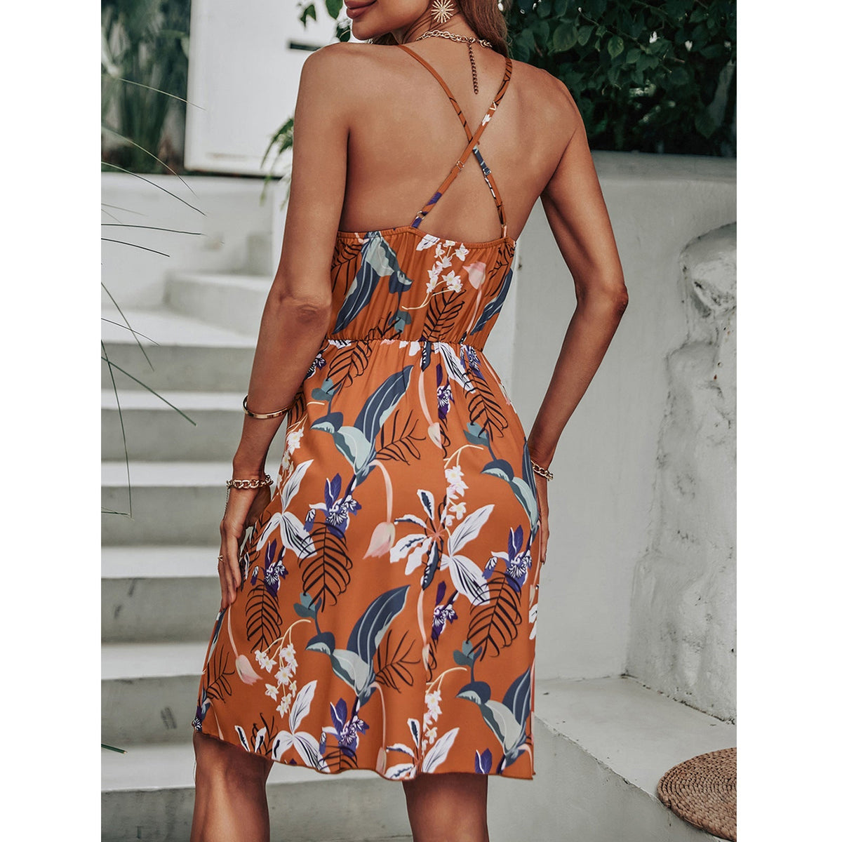 Tropical Print V-Neck Twist Front Mini Dress