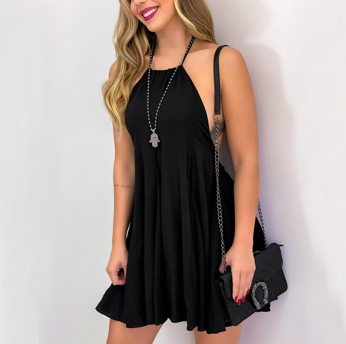 Halter Neck Sleeveless Swing Mini Dress