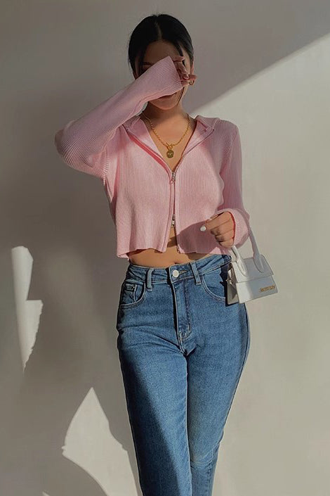 Rib-knit Zip Up Sweater Crop Top for Effortless Style