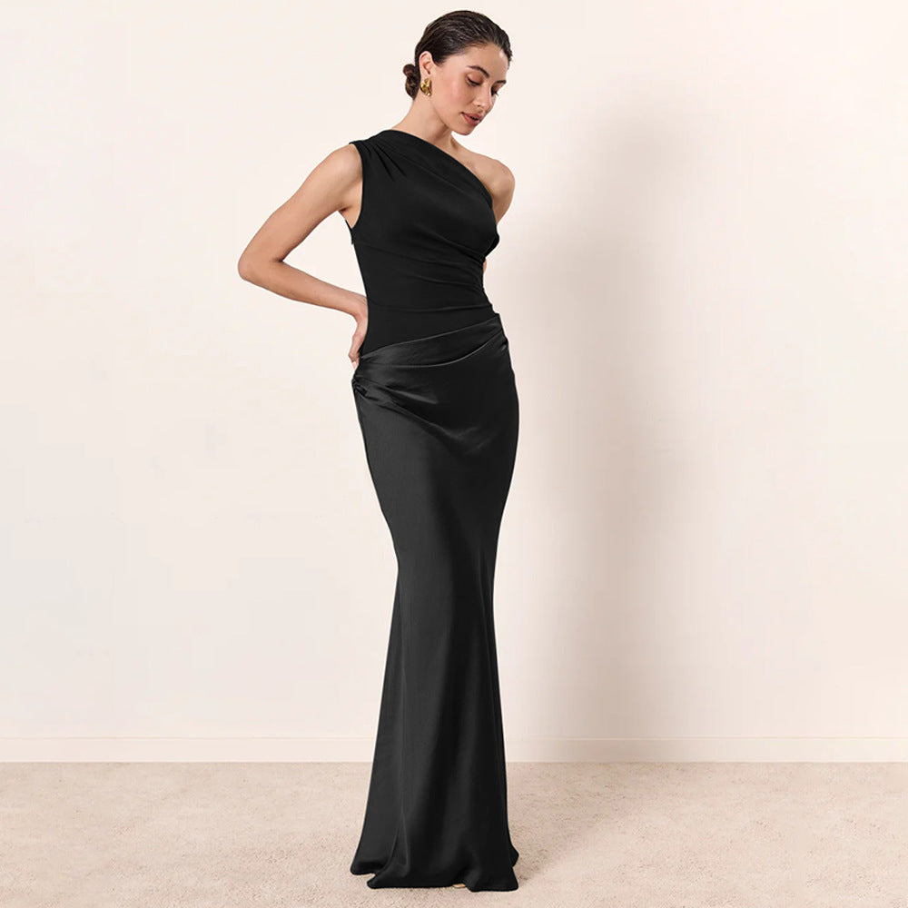 One-Shoulder Ruched Satin Bias Column Maxi Dress 4