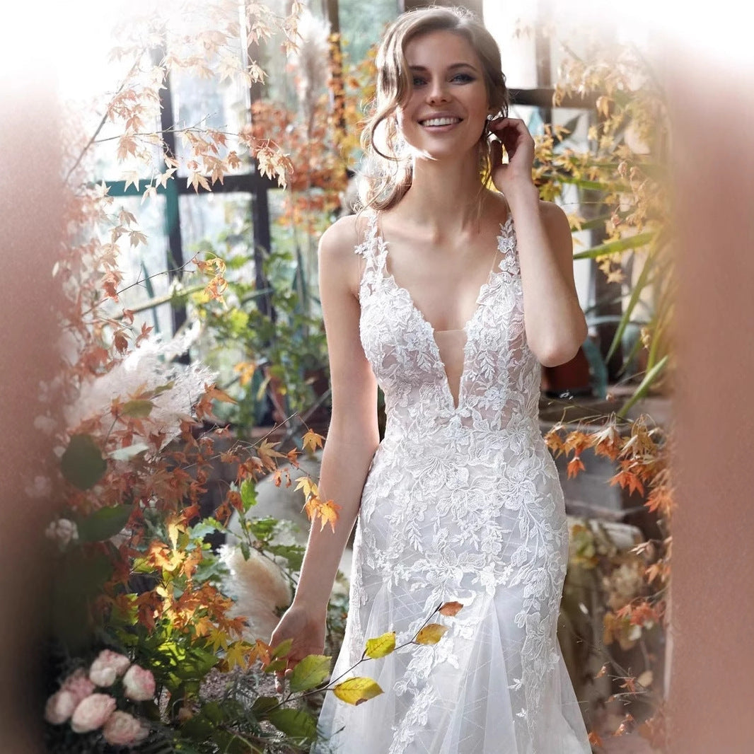 Deep V-Neck Satin Mermaid Wedding Dress