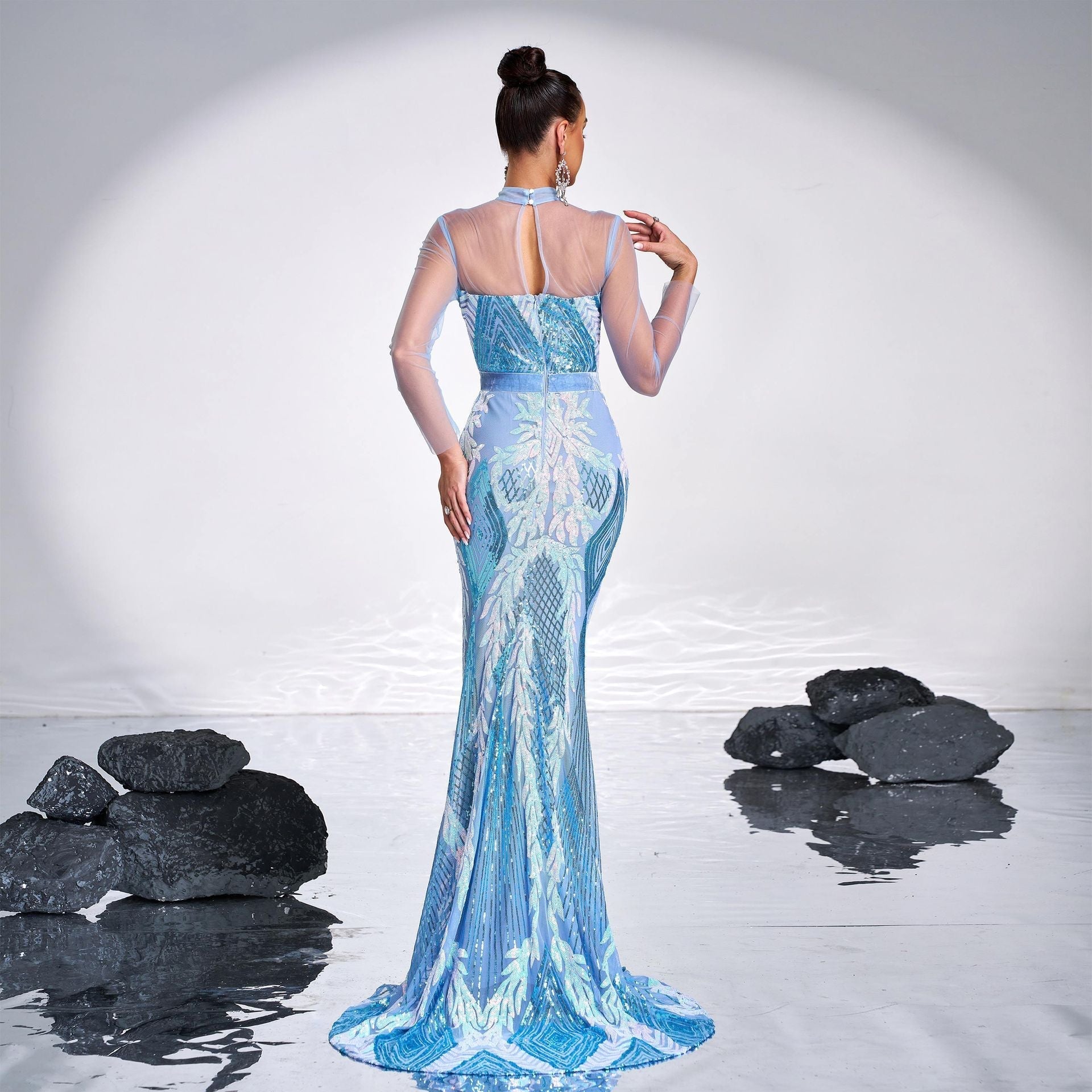 High End Long Sleeve Crew Neck Mesh Sequ Cocktail Long Evening - Fashionpara