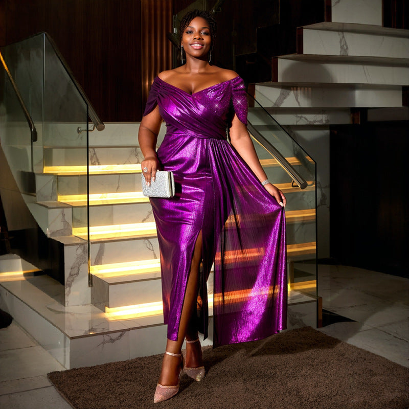 Off Shoulder Draped Ruched High Split Maxi Dress