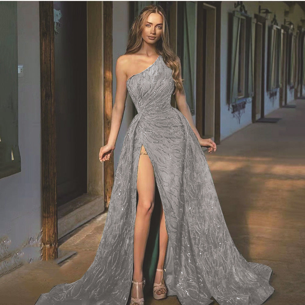 Sequin One Shoulder High Split Maxi Evening Gown - View 6