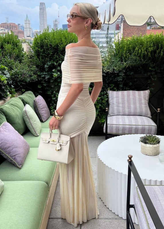 Off Shoulder Ruched Mesh Bust Panel Pleated Mesh Overlay Maxi Gown - View 9