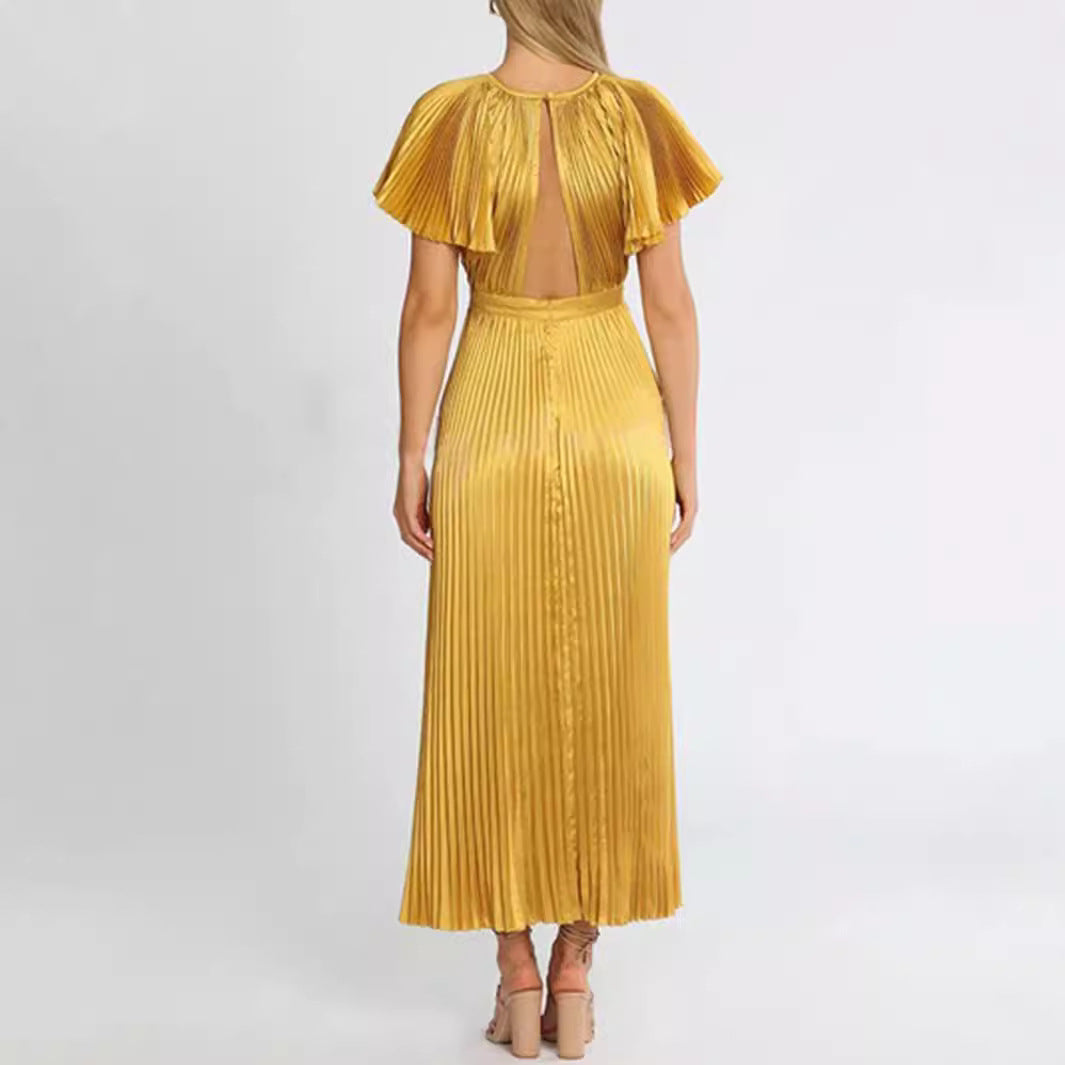 Solid Color Lotus Leaf Sleeve Evening Dress - Fashionpara