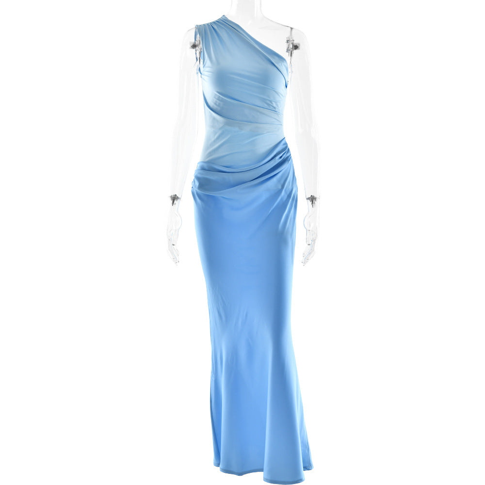 One-Shoulder Ruched Satin Bias Column Maxi Dress 9