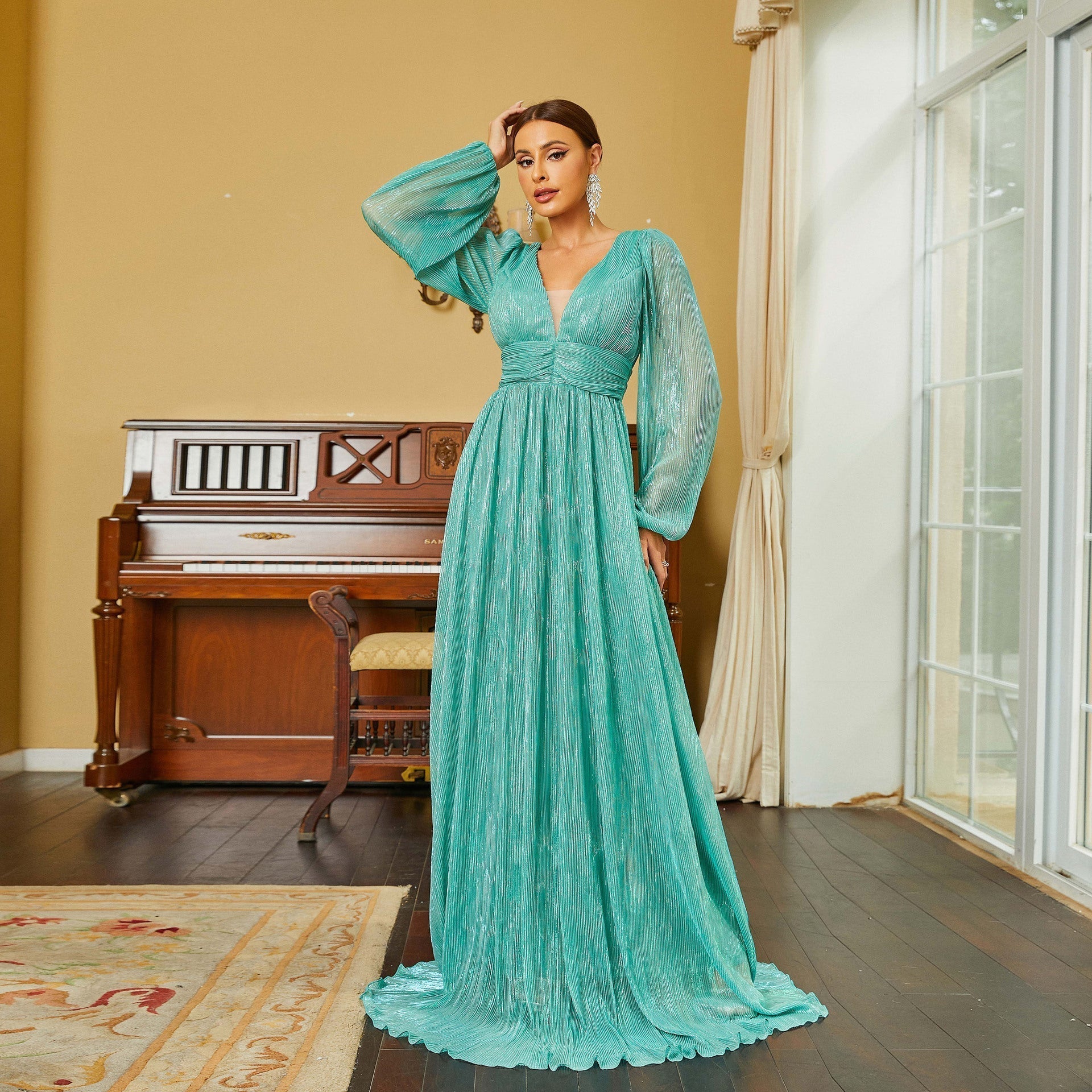 Long Sleeve Elegant V Neck Long Bohemian Large Swing Evening Dress Bridesmaid Dress - Fashionpara