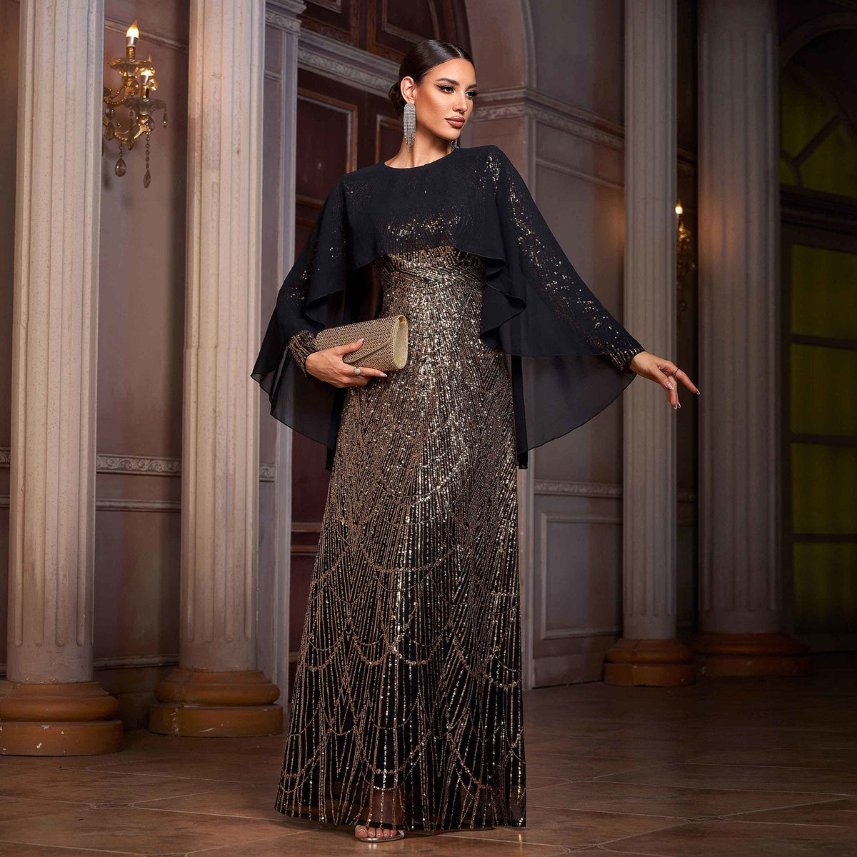 Sequin Round Neck Draped Cape Long Sleeve Sheath Evening Gown - View 2