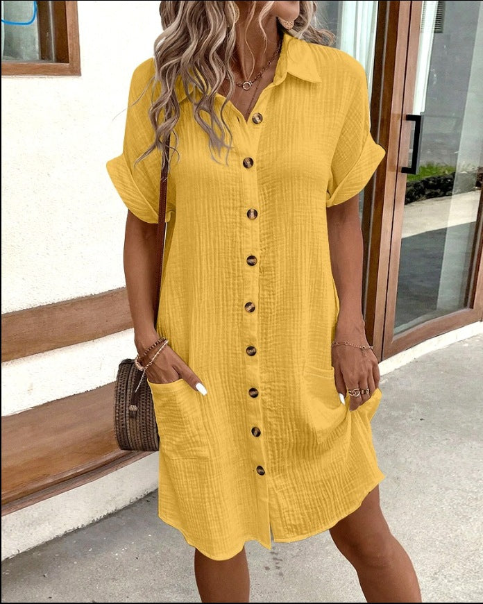 Gauze Crinkle Button Front Collar Patch Pocket Mini Shirt Dress - View 3