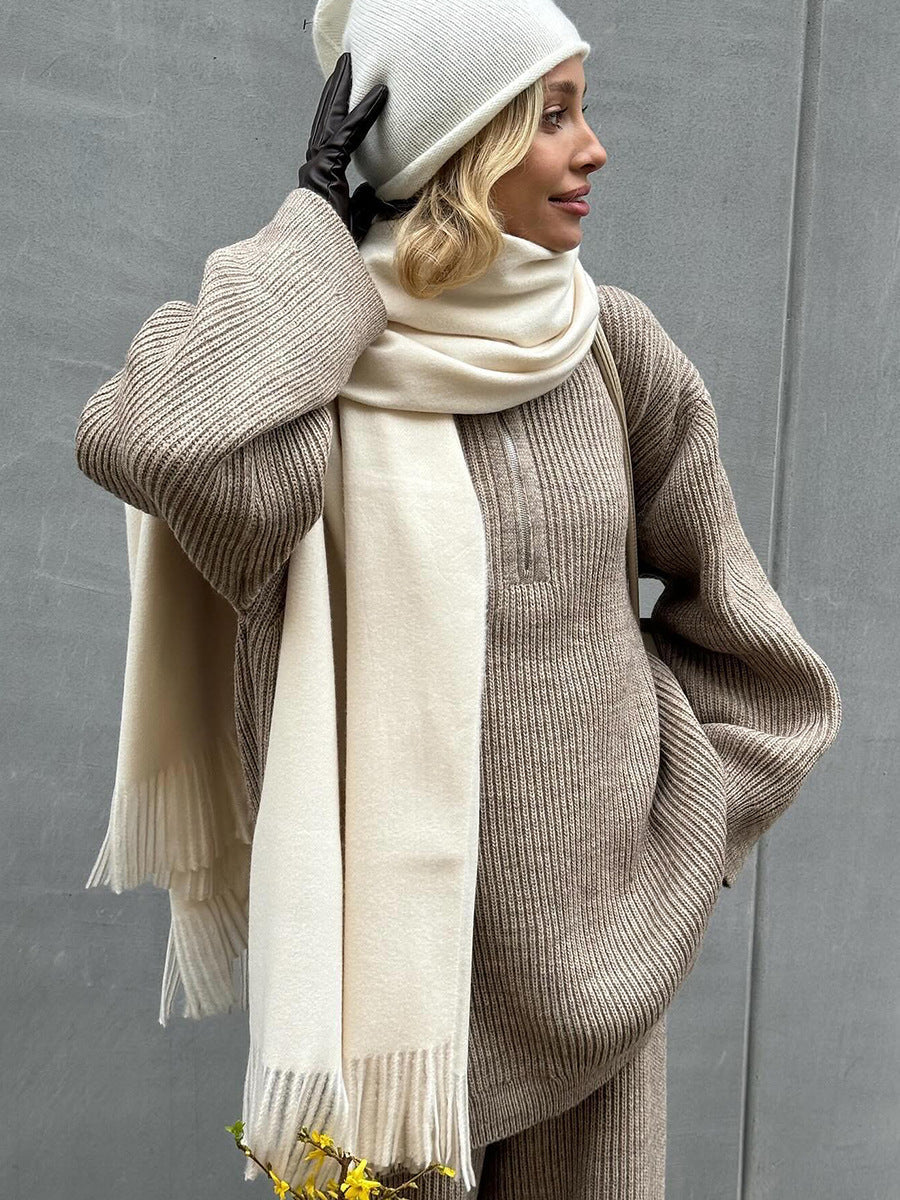 Cozy Lapel half-zip long-sleeved knit top and wide-leg pants set