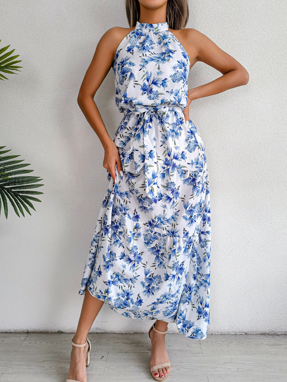 Floral Print Halter Neck Tie Waist Midi Dress 6