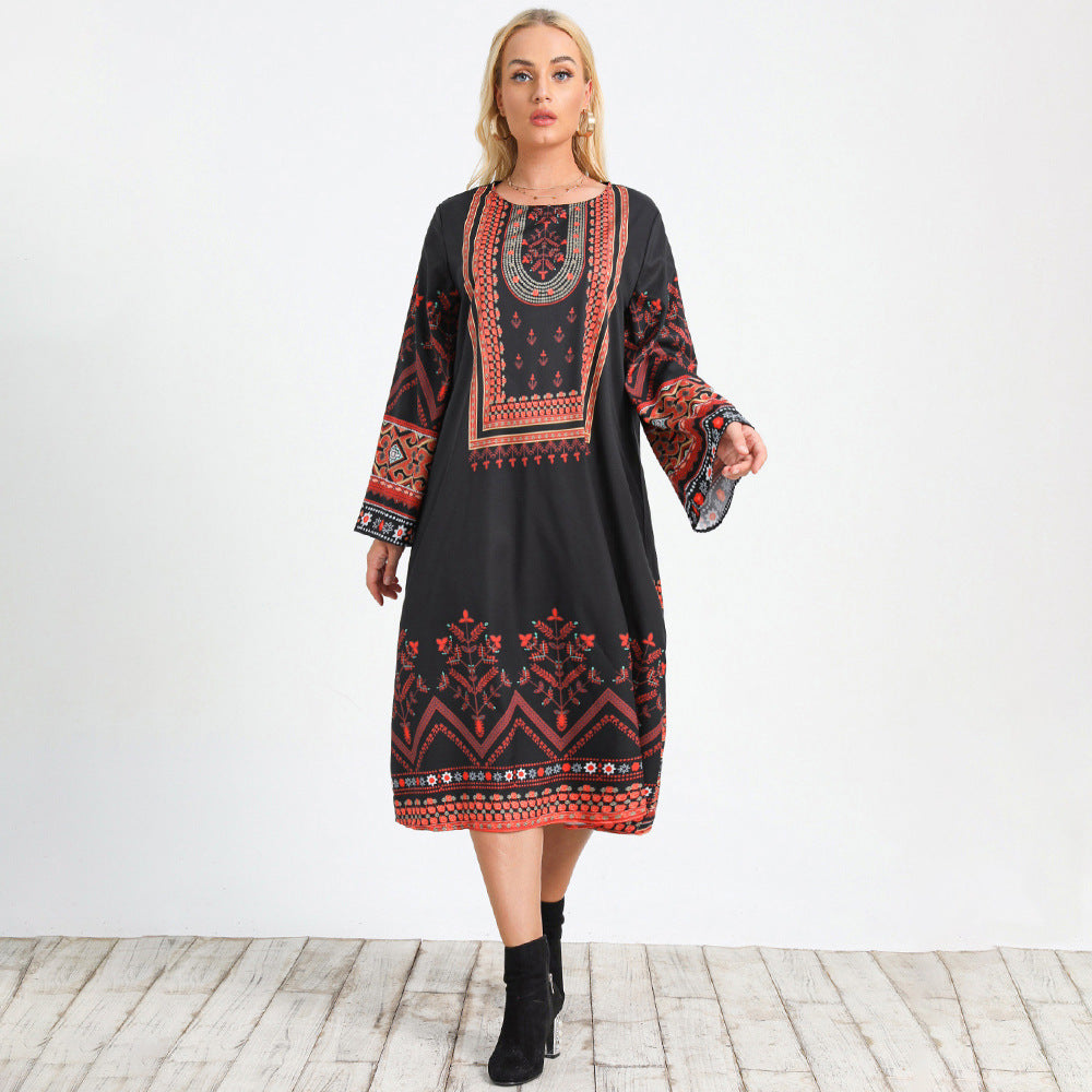 Boho Print Crew Neck Long Sleeve Shift Midi Dress
